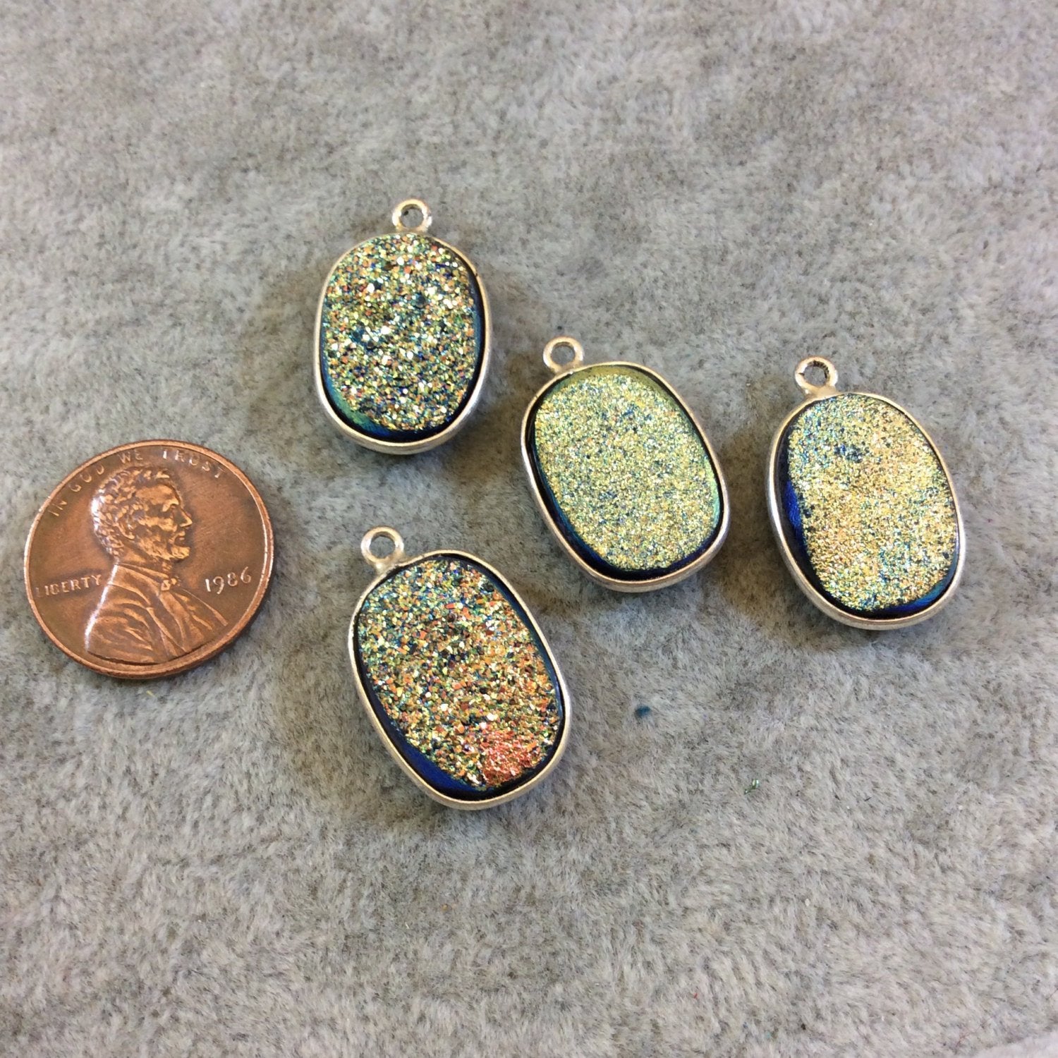 Silver Finish Blue/Gold Resin Druzy Oblong Oval Shaped Bezel Pendant/Charm Drop Component - Measuring 13mm x 17mm - Sold Individually