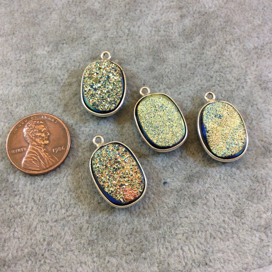 Silver Finish Blue/Gold Resin Druzy Oblong Oval Shaped Bezel Pendant/Charm Drop Component - Measuring 13mm x 17mm - Sold Individually
