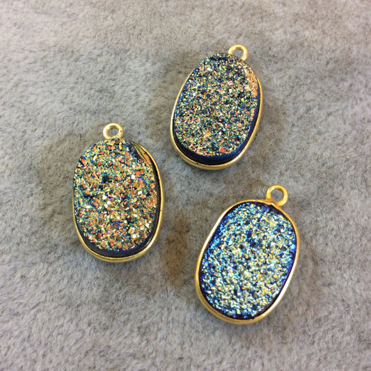 Gold Finish Blue/Gold Resin Druzy Oblong Oval Shaped Bezel Pendant/Charm Drop Component - Measuring 13mm x 17mm - Sold Individually