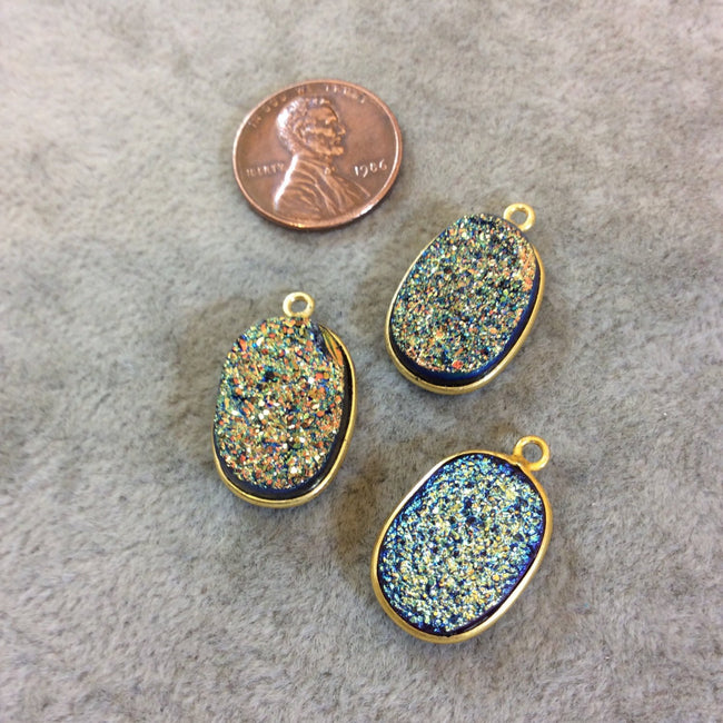 Gold Finish Blue/Gold Resin Druzy Oblong Oval Shaped Bezel Pendant/Charm Drop Component - Measuring 13mm x 17mm - Sold Individually