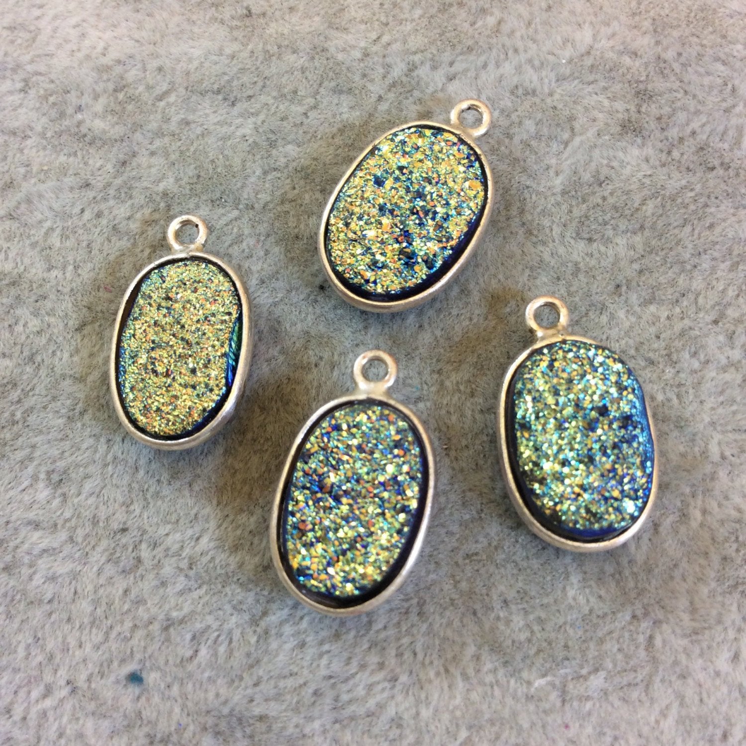 Silver Finish Blue/Gold Resin Druzy Oblong Oval Shaped Bezel Pendant/Charm Drop Component - Measuring 10mm x 15mm - Sold Individually