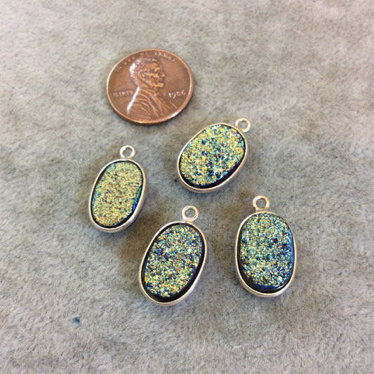 Silver Finish Blue/Gold Resin Druzy Oblong Oval Shaped Bezel Pendant/Charm Drop Component - Measuring 10mm x 15mm - Sold Individually