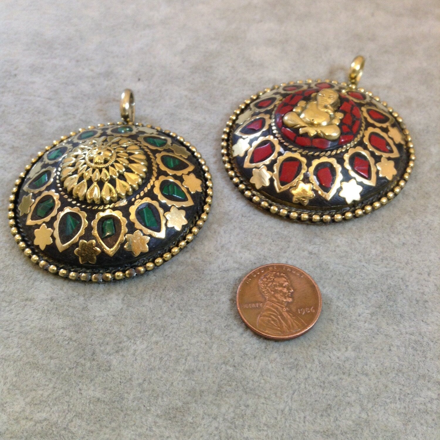 CLOSEOUT: Red Inlaid Resin Mosaic Medallion Ganesha Pendant, 50mm dia.