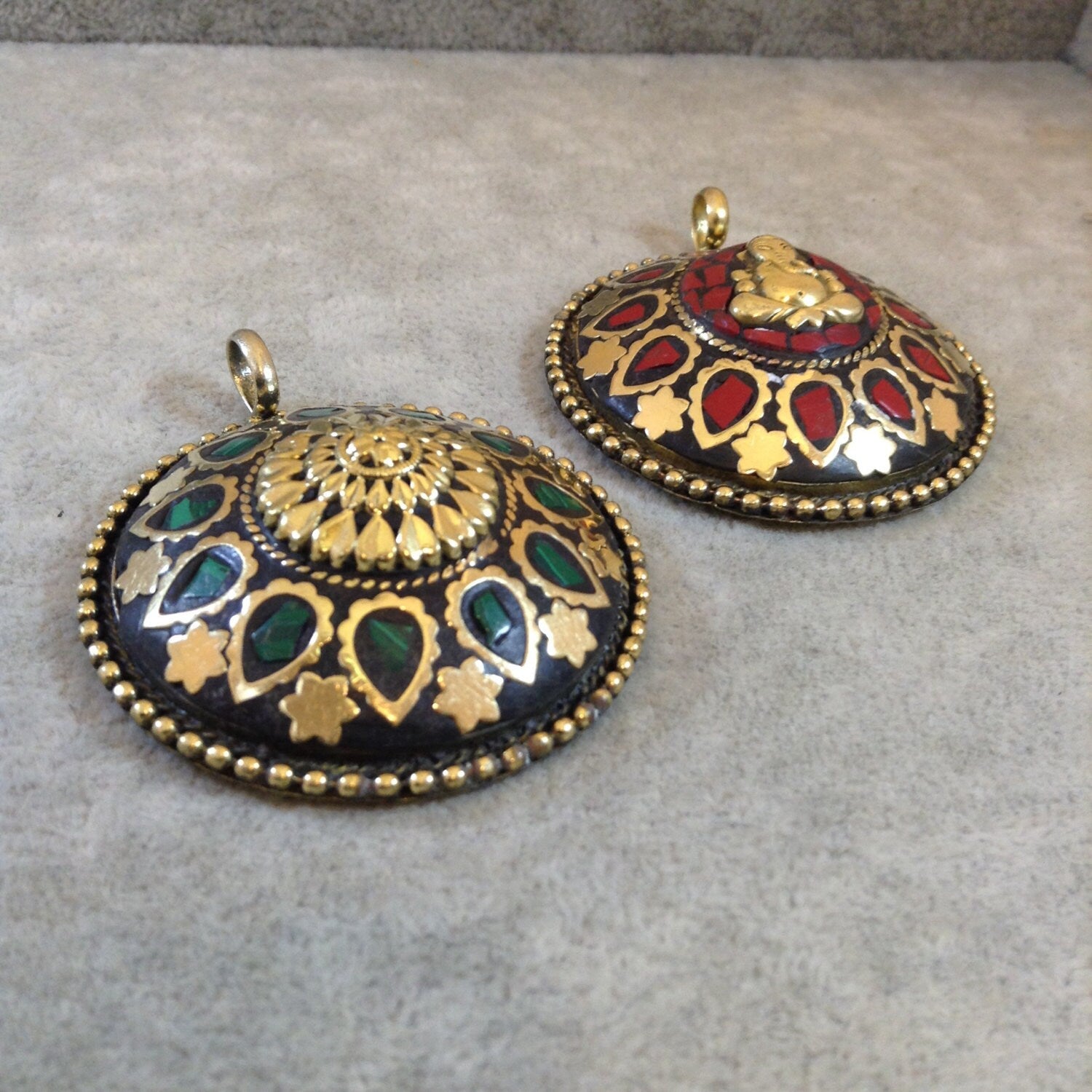 CLOSEOUT: Red Inlaid Resin Mosaic Medallion Ganesha Pendant, 50mm dia.