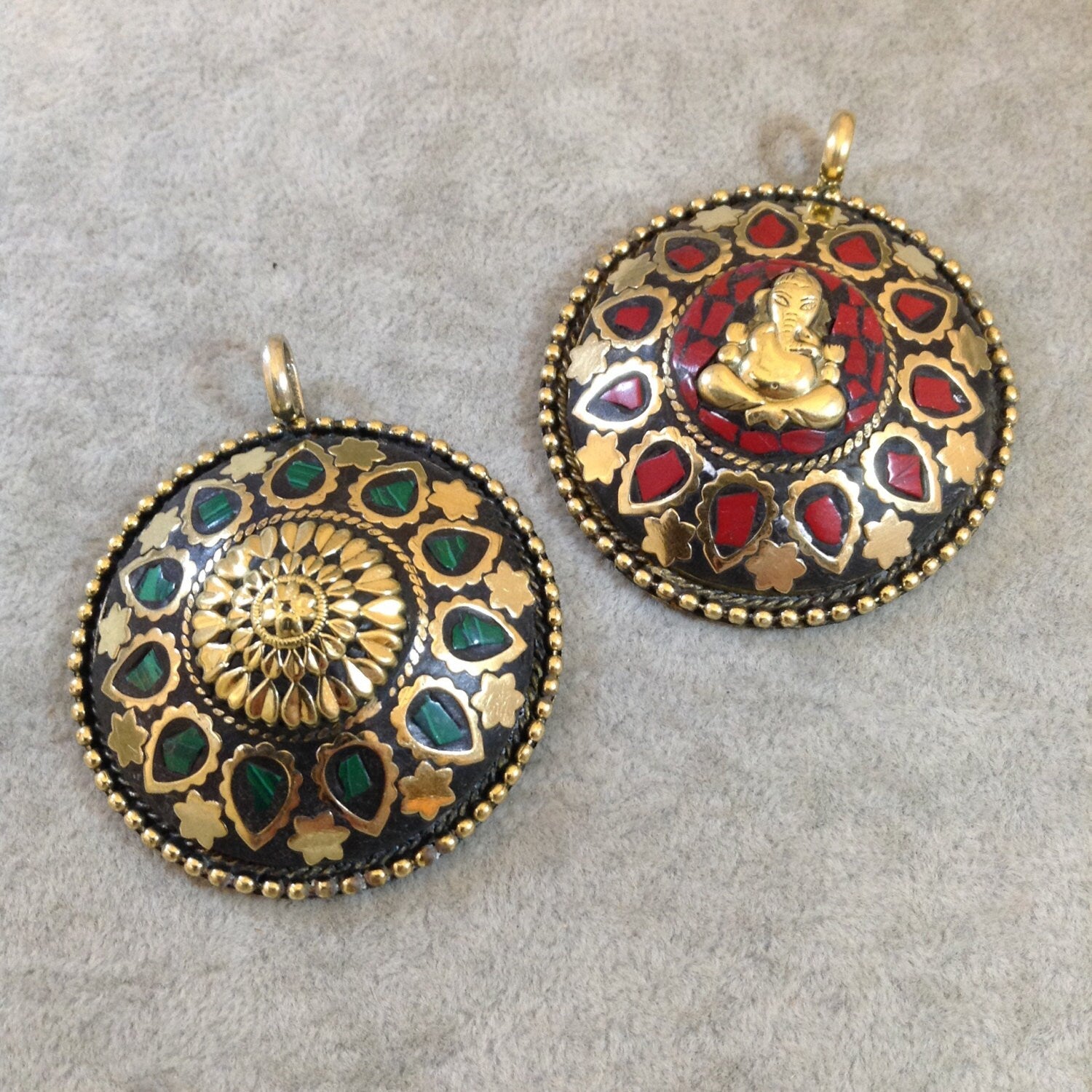 CLOSEOUT: Red Inlaid Resin Mosaic Medallion Ganesha Pendant, 50mm dia.