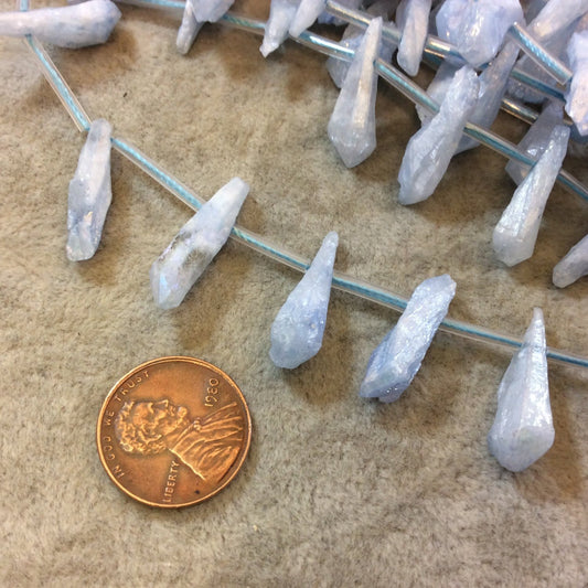 Natural Rough Light Blue Druzy Crystal Point Drop Beads - 15" Strand (Approx. 25 Beads) - Measuring 5-8mm x 20-25mm - Sold by the Strand