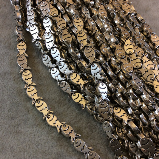 Flat Fish Shaped Silver Finish Pewter Beads - 7-8" Strand (Approximately 16 Beads) - Measuring 8x12mm Approximately - 1.5mm Hole Size