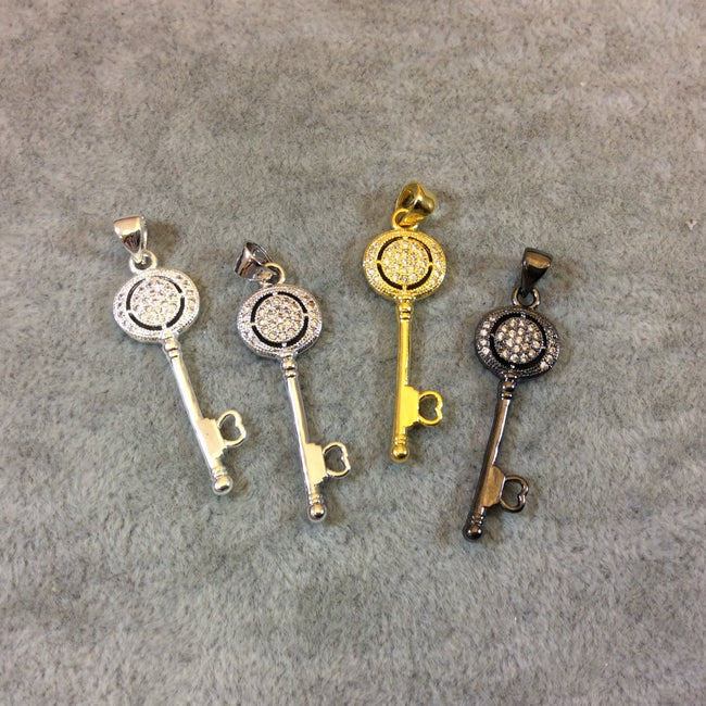 Key Shaped Cubic Zirconia Inlaid Pendants - Measuring 11mm x 30mm  - Available in Four Finishes (Silver, Gold, Gunmetal)