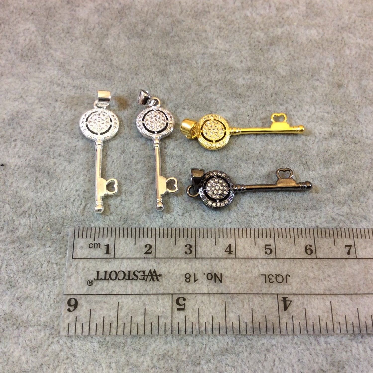 Key Shaped Cubic Zirconia Inlaid Pendants - Measuring 11mm x 30mm  - Available in Four Finishes (Silver, Gold, Gunmetal)