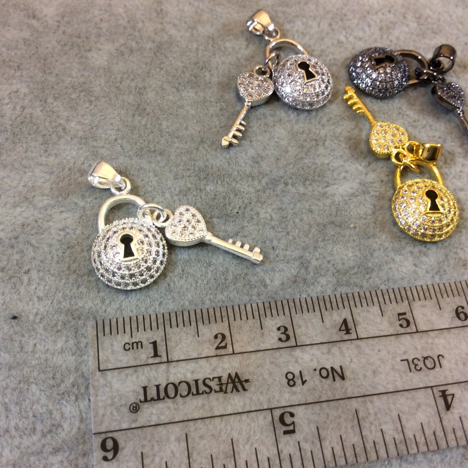 Lock/Key Cubic Zirconia Inlaid Pendants - Measuring 12mm x 17mm  - Available in Five Finishes (Silver, Gold, Gunmetal)
