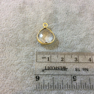 Gold Finish Faceted Heart/Teardrop Shaped Clear Quartz Bezel Pendant Component - Measuring 12mm x 12mm - Natural Semi-precious Gemstone