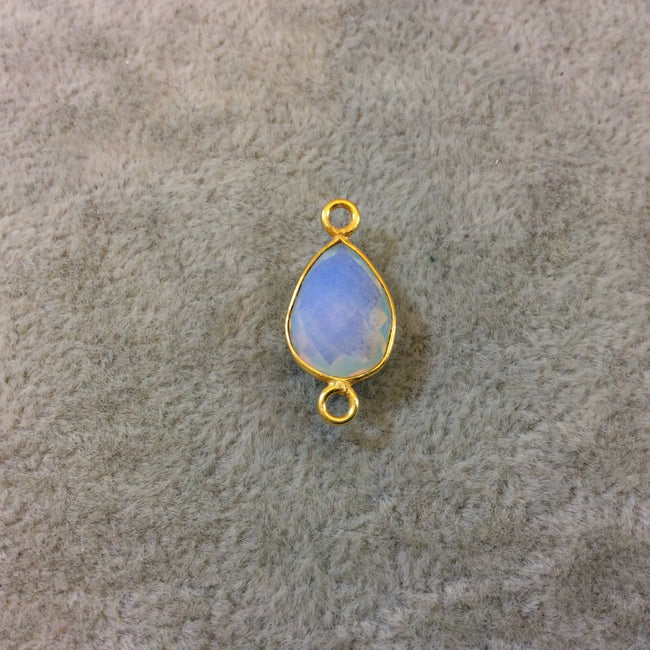 Gold Finish Faceted Opalite Pear Shaped Bezel Two Ring Connector Component - Measuring 10mm x 14mm - Natural Semi-precious Gemstone