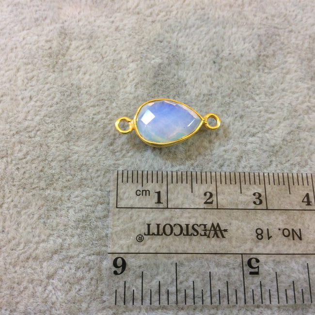 Gold Finish Faceted Opalite Pear Shaped Bezel Two Ring Connector Component - Measuring 10mm x 14mm - Natural Semi-precious Gemstone