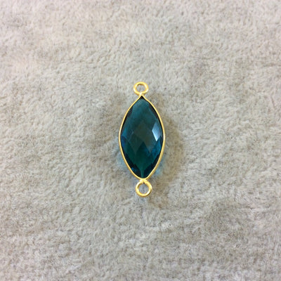Gold Finish Faceted Marquis Shaped Teal Quartz Bezel Two Ring Connector Component - Measuring 10mm x 20mm - Natural Semi-precious Gemstone