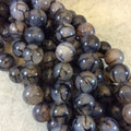 16mm Smooth Round Black/Gray Dragon Vein Agate Beads - 15" Strand (Approximately 25 Beads per Strand) - Natural Semi-Precious Gemstone