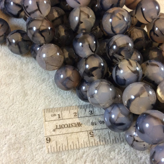 16mm Smooth Round Black/Gray Dragon Vein Agate Beads - 15" Strand (Approximately 25 Beads per Strand) - Natural Semi-Precious Gemstone