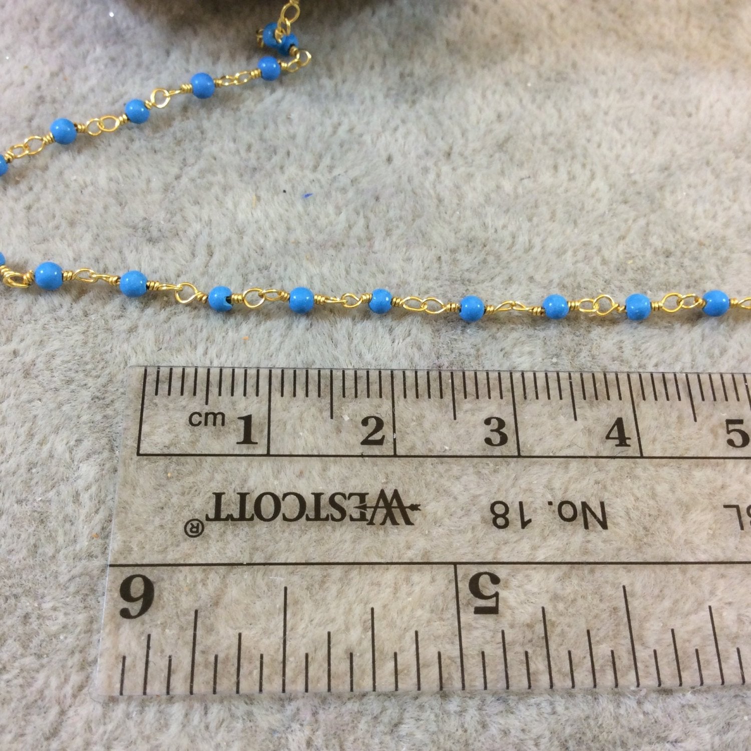 Gold Plated Wrapped Copper Rosary Chain with Smooth 2mm Round Shaped Dyed Sky Blue Howlite Beads - Sold in 1' Increments - (CH013-GD)