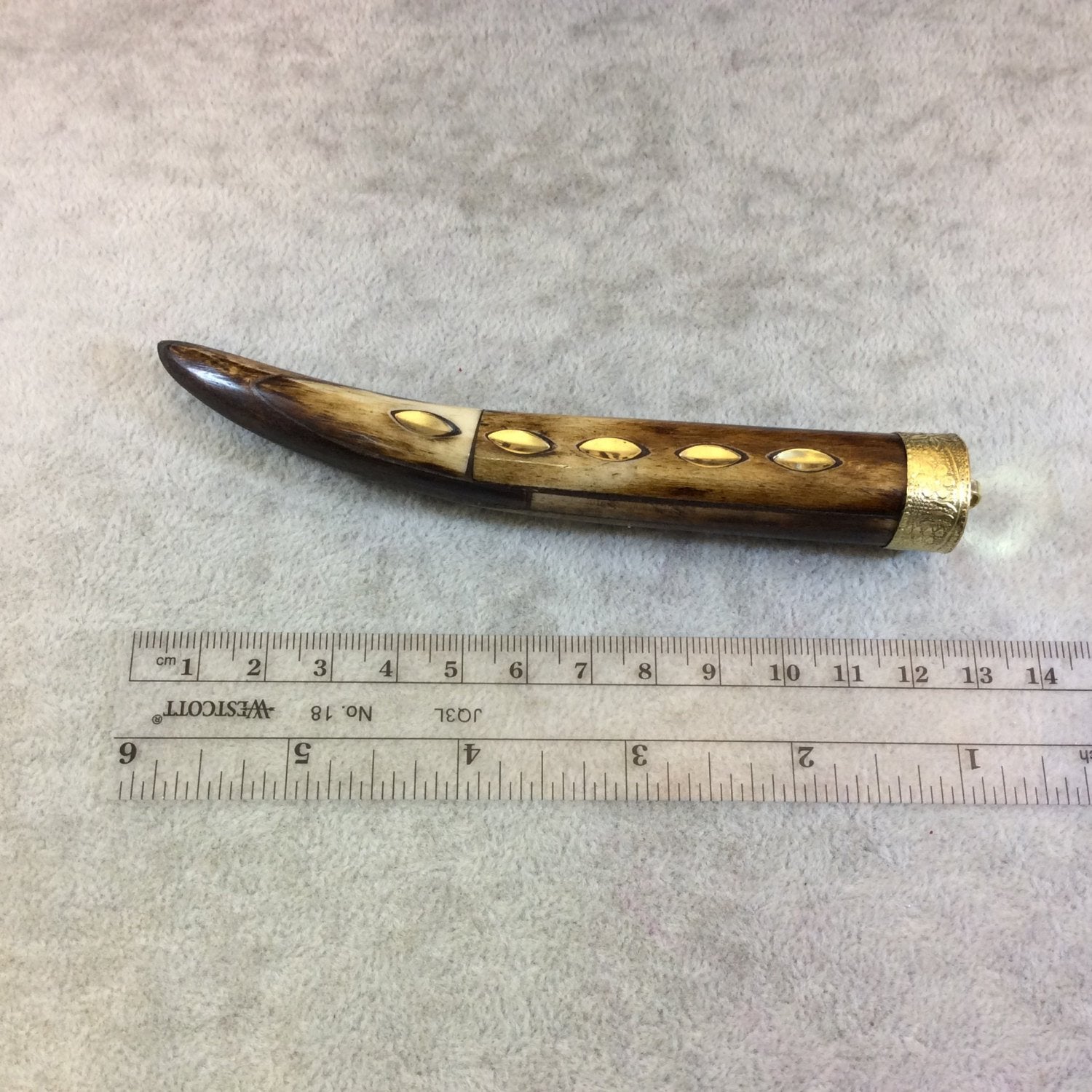 SALE - Large Brown Ox Bone Tusk/Claw Shaped Pendant with Metal Bevel Inlay and Floral Patterned Cap - Measuring 18mm x 128mm Approximately