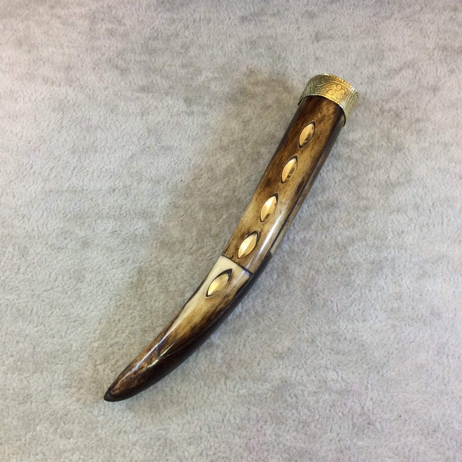 SALE - Large Brown Ox Bone Tusk/Claw Shaped Pendant with Metal Bevel Inlay and Floral Patterned Cap - Measuring 18mm x 128mm Approximately