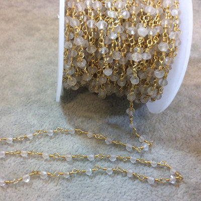 Gold Plated Copper Rosary Chain with 3-4mm Faceted Natural Quartz Beads - Sold by the Foot, or in Bulk! - Natural Semi-Precious Beaded Chain