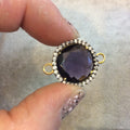 Gold Finish Faceted CZ Rimmed Purple Quartz Round/Circle Shaped Bezel Connector Component - Measures 20mm x 20mm - Sold Individually