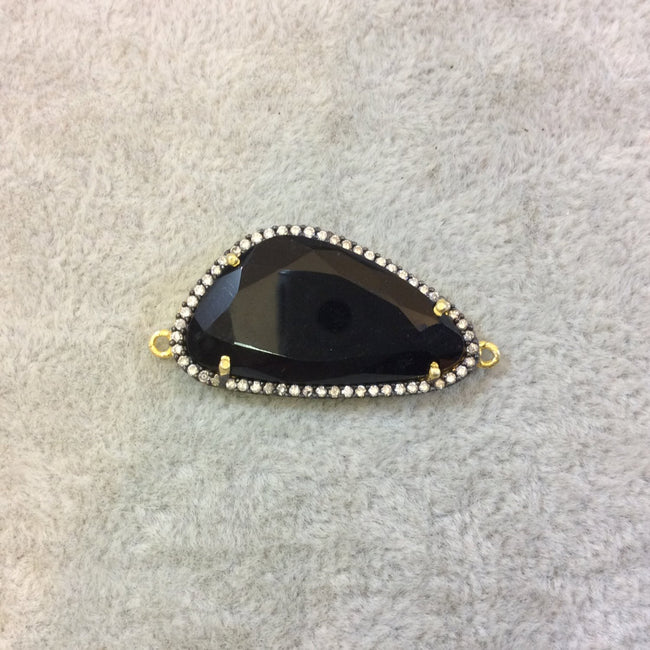Gold Finish Faceted CZ Rimmed Black Onyx Triangle Shaped Bezel Connector Component - Measures 17mm x 29mm - Sold Individually