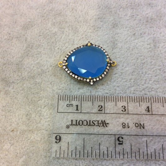 Gold Finish Faceted CZ Rimmed Teal Chalcedony Pear Shaped Bezel Connector Component - Measures 18mm x 21mm - Sold Individually