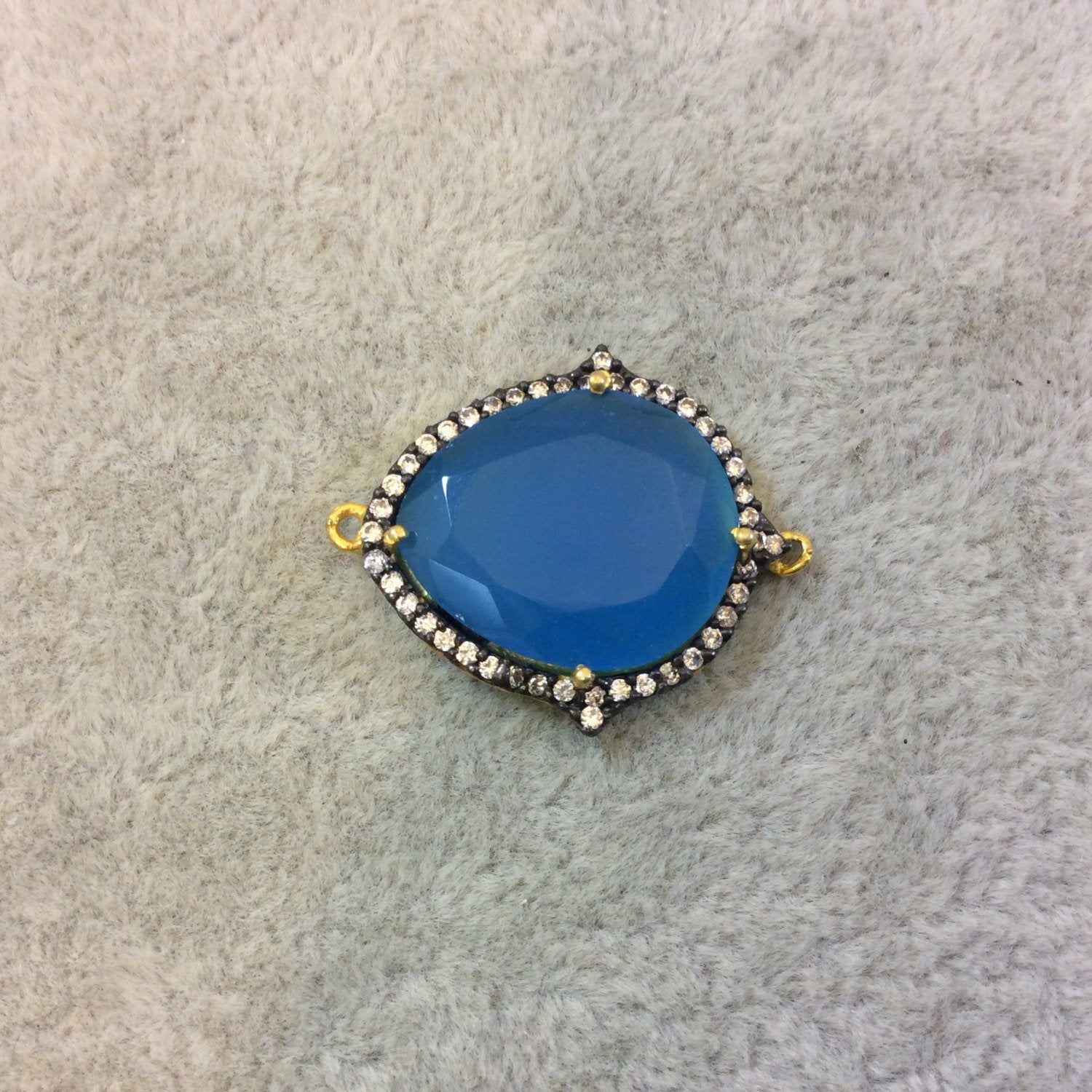 Gold Finish Faceted CZ Rimmed Teal Chalcedony Pear Shaped Bezel Connector Component - Measures 18mm x 21mm - Sold Individually