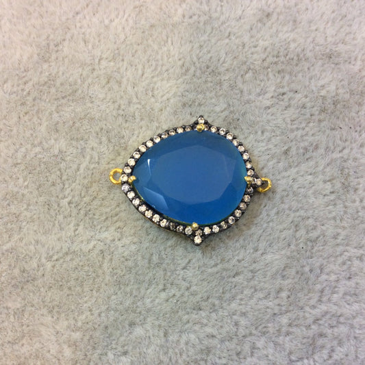 Gold Finish Faceted CZ Rimmed Teal Chalcedony Pear Shaped Bezel Connector Component - Measures 18mm x 21mm - Sold Individually