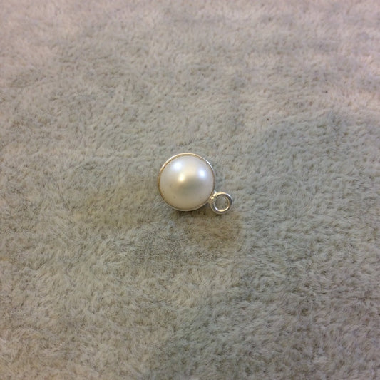 Silver Finish Round Shaped Freshwater Pearl Bezel Pendant/Drop Component - Measuring 7-8mm - Natural Freshwater Pearl