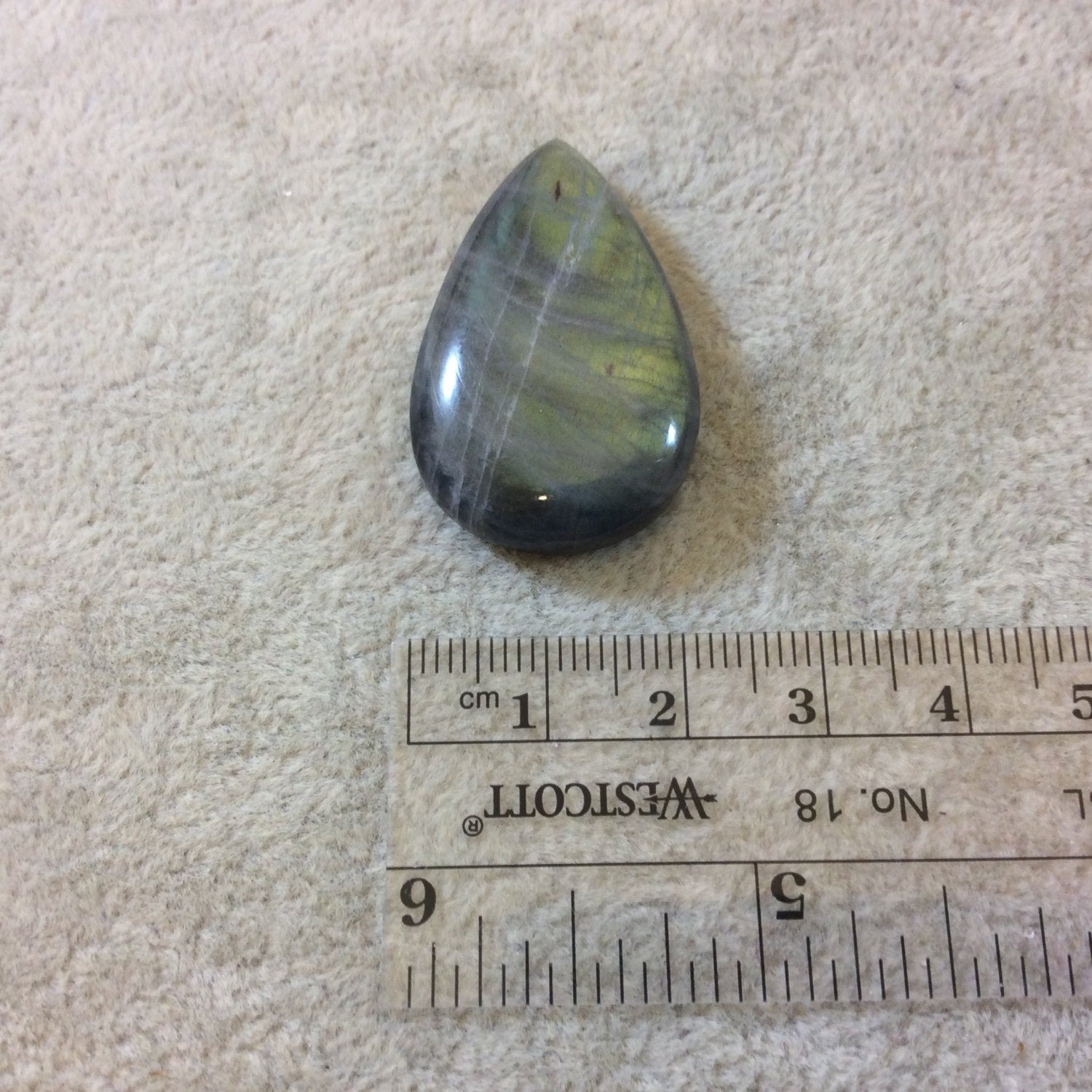 AAA Teardrop Shaped Iridescent Green/Blue Labradorite Flat Back Cabochon - Measuring 22mm x 35mm, 8mm Dome Height - Natural Gemstone Cab