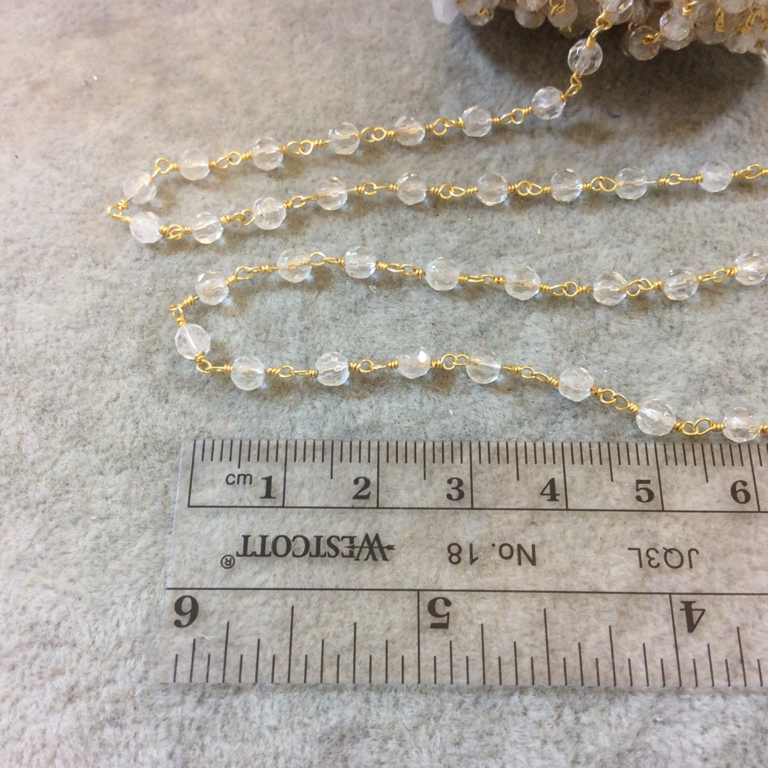 Gold Plated Copper Rosary Chain with 4mm Round Faceted Crystal Beads - Sold by the Foot, or in Bulk! - Natural Semi-Precious Beaded Chain
