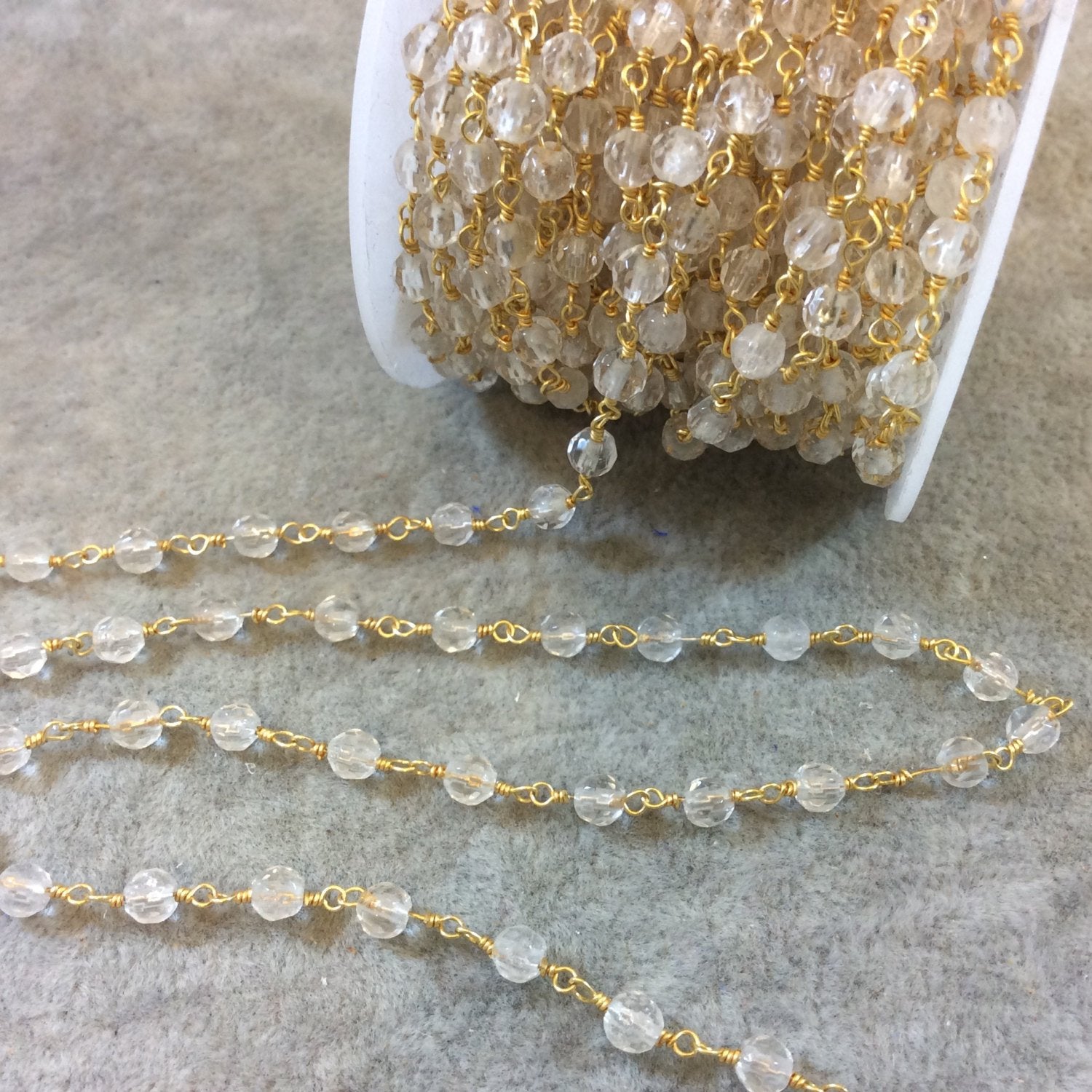 Gold Plated Copper Rosary Chain with 4mm Round Faceted Crystal Beads - Sold by the Foot, or in Bulk! - Natural Semi-Precious Beaded Chain
