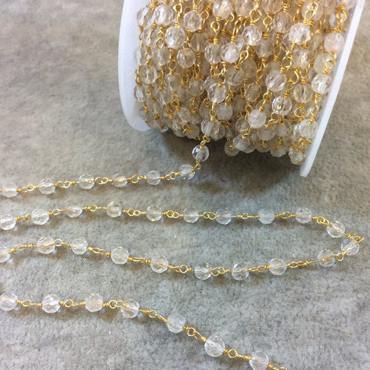 Gold Plated Copper Rosary Chain with 4mm Round Faceted Crystal Beads - Sold by the Foot, or in Bulk! - Natural Semi-Precious Beaded Chain
