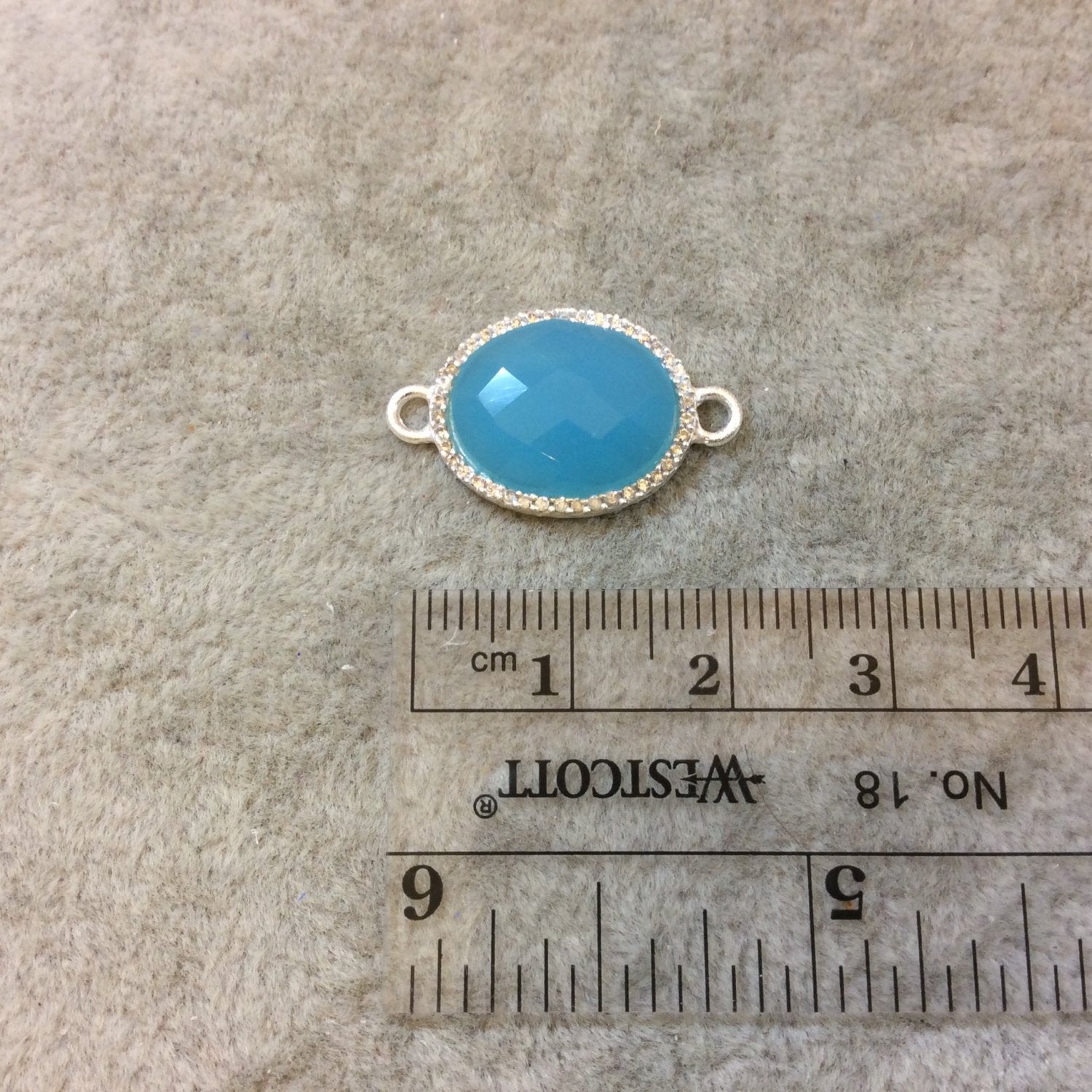 Silver Finish Faceted CZ Rimmed Aqua Chalcedony Oval Shaped Bezel Connector Component - Measures 14mm x 18mm - Sold Individually