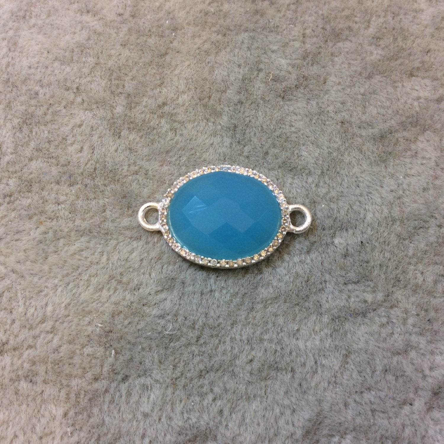 Silver Finish Faceted CZ Rimmed Aqua Chalcedony Oval Shaped Bezel Connector Component - Measures 14mm x 18mm - Sold Individually
