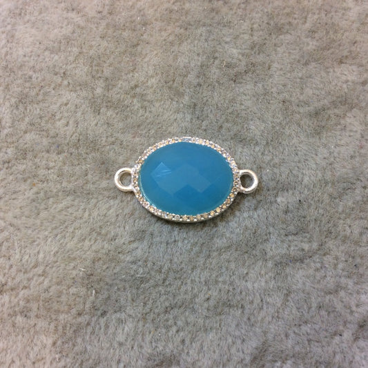 Silver Finish Faceted CZ Rimmed Aqua Chalcedony Oval Shaped Bezel Connector Component - Measures 14mm x 18mm - Sold Individually