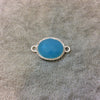 Silver Finish Faceted CZ Rimmed Aqua Chalcedony Oval Shaped Bezel Connector Component - Measures 14mm x 18mm - Sold Individually