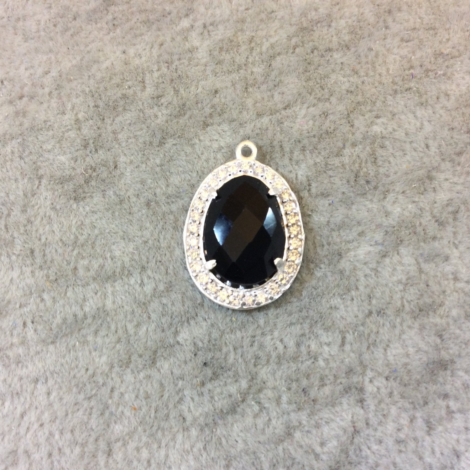 Silver Finish Faceted CZ Rimmed Black Onyx Oval Shaped Bezel Pendant Component - Measures 14mm x 19mm - Sold Individually