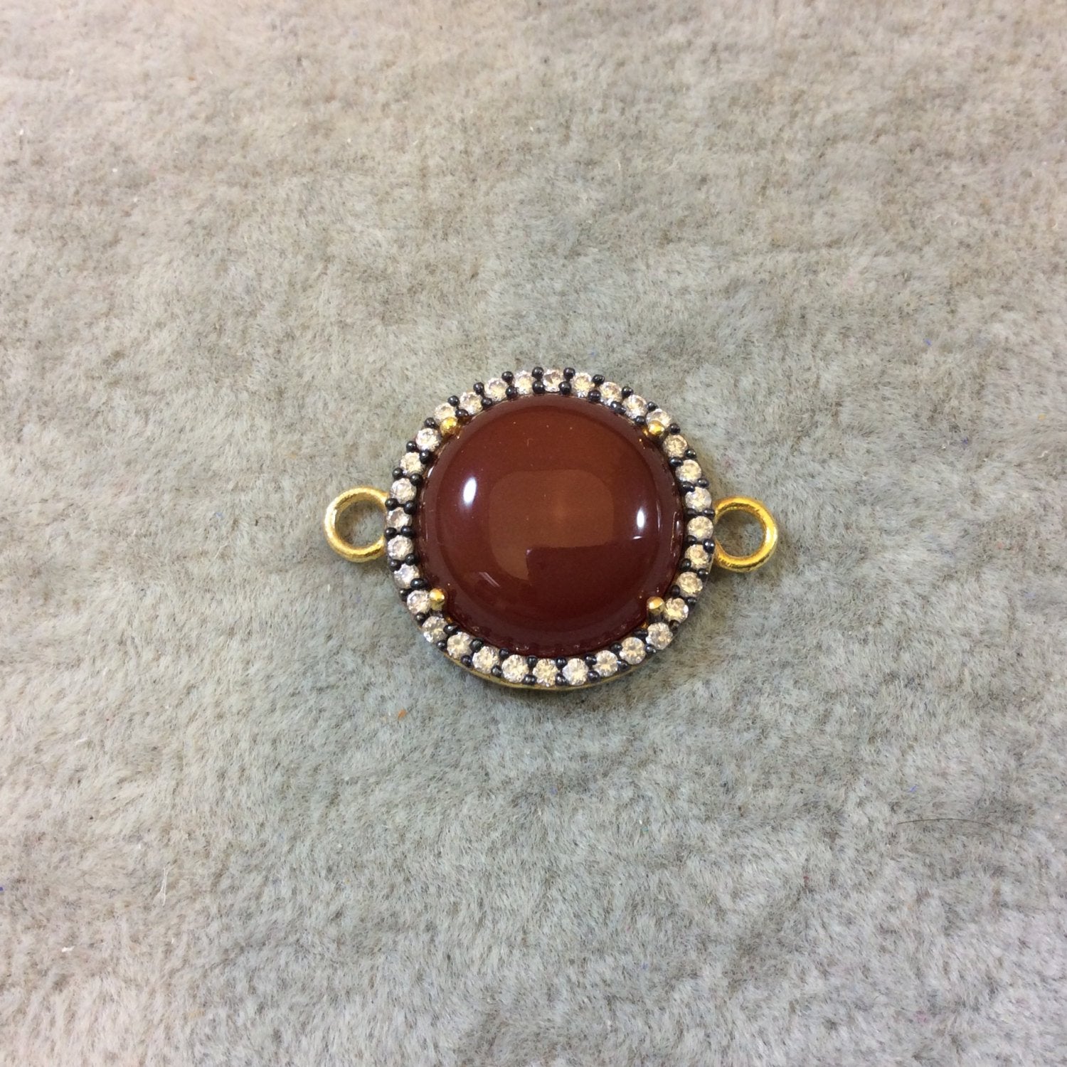 Gold Finish Smooth CZ Rimmed Carnelian Round Shaped Bezel Connector Component - Measures 20mm x 20mm - Sold Individually