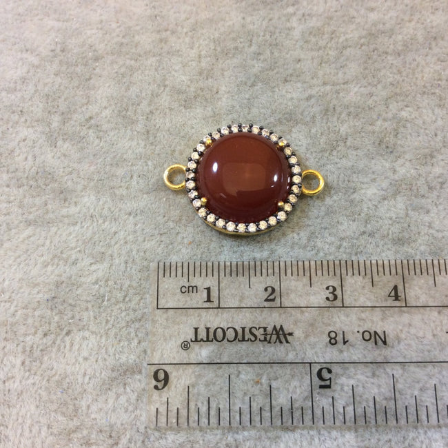 Gold Finish Smooth CZ Rimmed Carnelian Round Shaped Bezel Connector Component - Measures 20mm x 20mm - Sold Individually