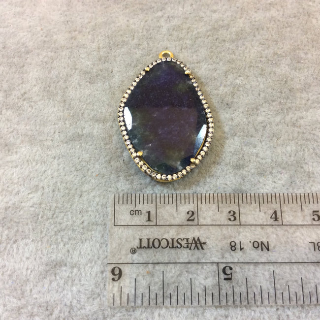 Gold Finish Faceted CZ Rimmed Blue Sapphire Freeform Shaped Bezel Pendant Component - Measures 24mm x 34mm - Sold Individually