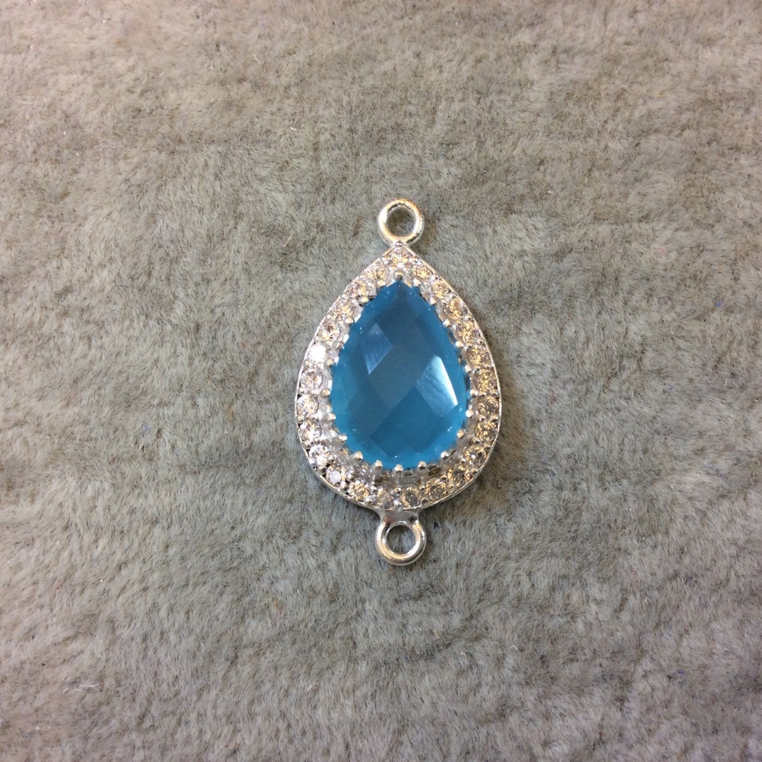 Silver Finish Faceted CZ Rimmed Chalcedony Teardrop/Oval Shaped Bezel Connector/Pendant Component - Measures 14mm x 21mm