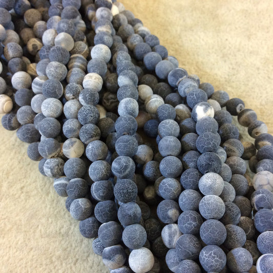 6mm Matte Finish Smooth Round Black/Gray Crackle/Veined Agate Beads - 15.5" Strand (Approximately 65 Beads) - Natural Semi-Precious Gemstone