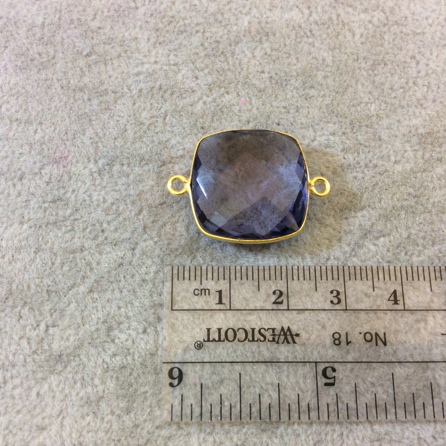 Gold Finish Faceted Square Pale Purple Quartz Bezel Two Ring Connector Component - Measuring 20mm x 20mm - Natural Semi-precious Gemstone