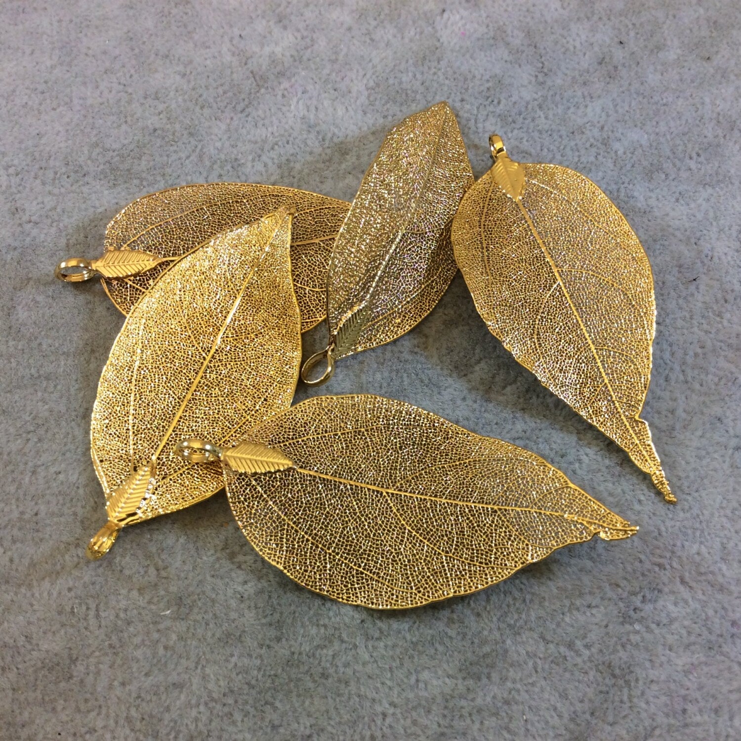 Large Gold Finish Electroplated Copper Leaf Pendants with Attached Bail - Measuring 60-70mm Long - Sold Individually