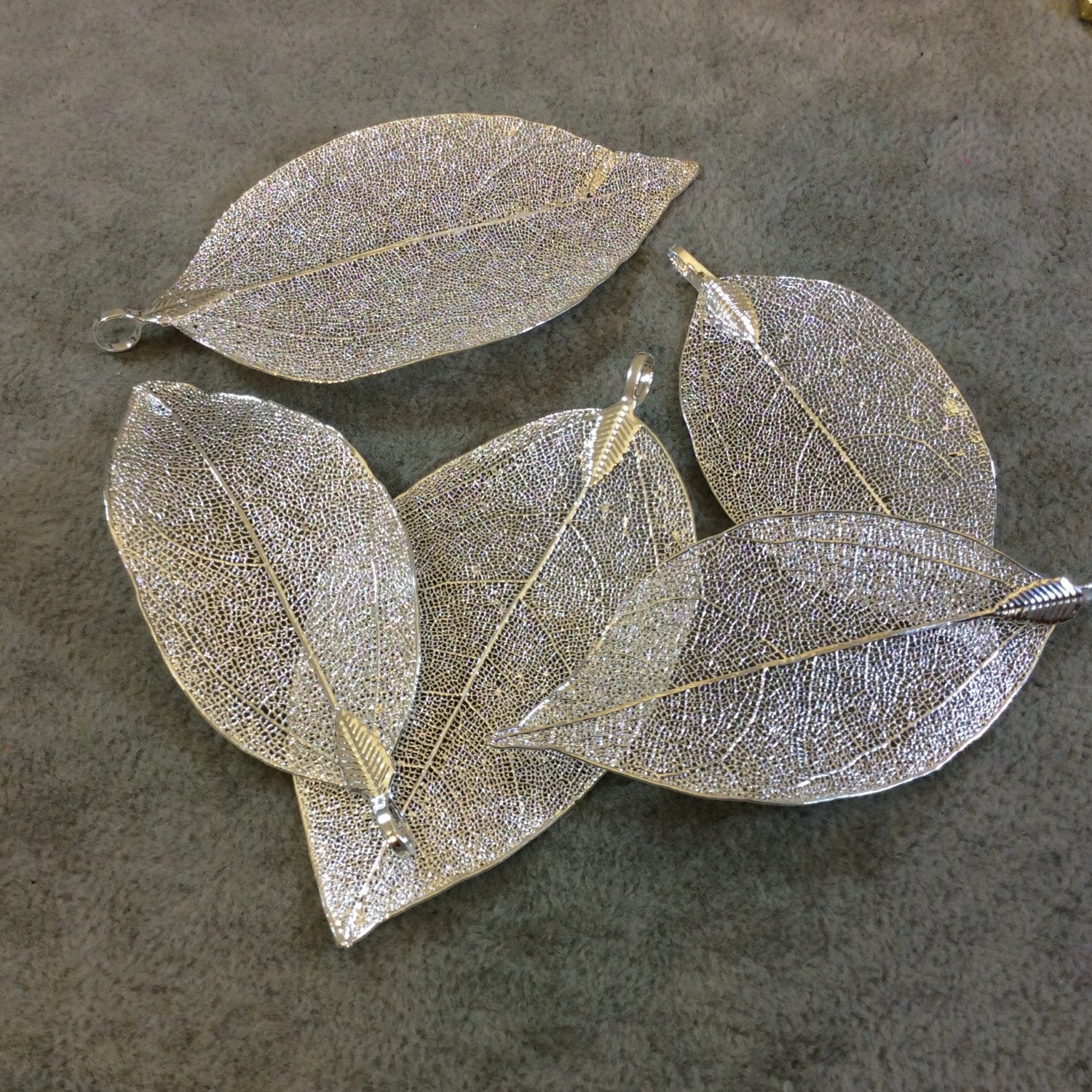Large Silver Finish Electroplated Copper Leaf Pendants with Attached Bail - Measuring 60-70mm Long - Sold Individually
