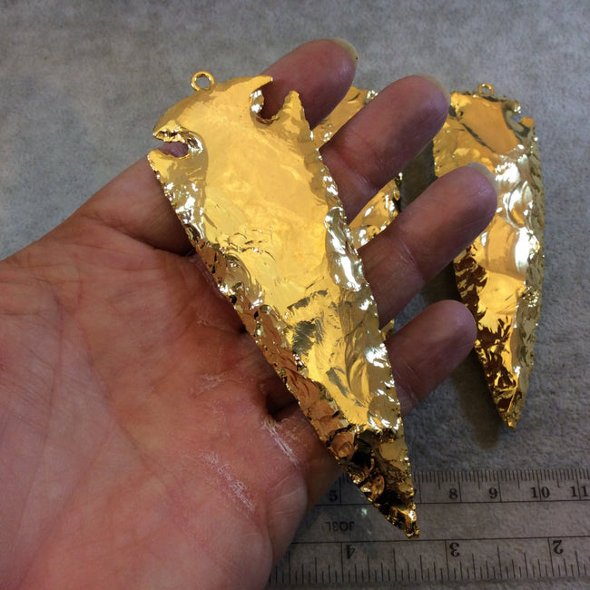4-5" Gold Plated Arrowhead Shaped Electroplated Black Obsidian Pendant - Measuring 100mm-125mm Long - Sold Individually, Randomly Chosen