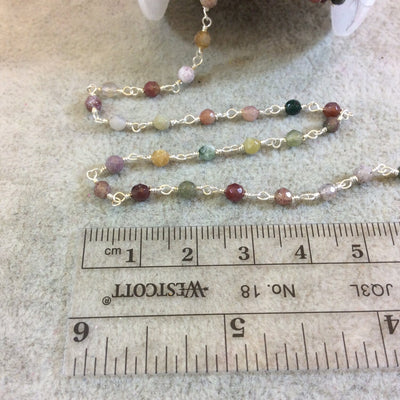 Silver Plated Copper Rosary Chain with Faceted 3mm Round Fancy Jasper Beads (CH077-SV) - Sold by the Foot! - Natural Beaded Chain