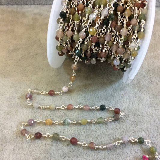 Silver Plated Copper Rosary Chain with Faceted 3mm Round Fancy Jasper Beads (CH077-SV) - Sold by the Foot! - Natural Beaded Chain